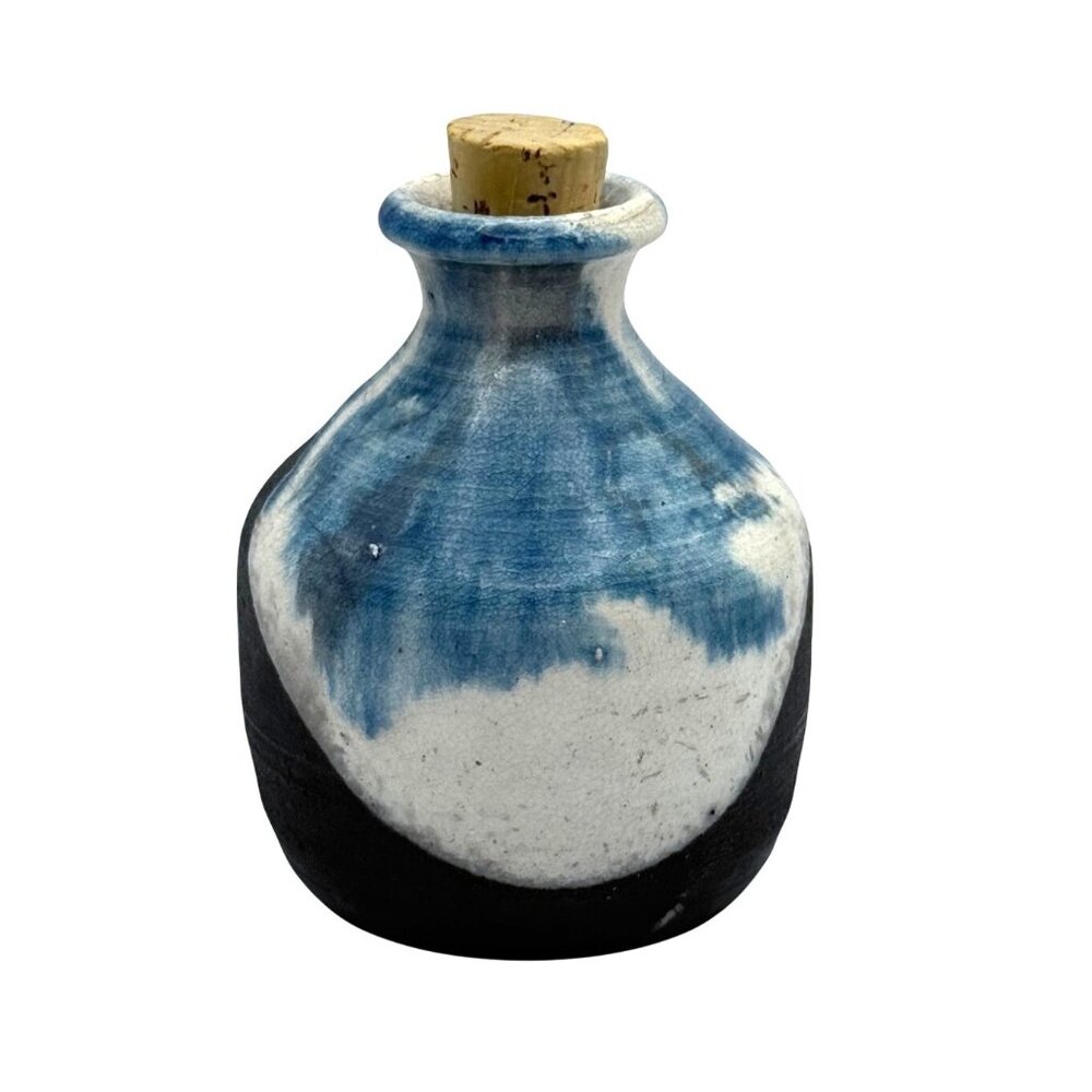 Raku Studio Art Ceramic Pottery Vase Signed With Cork Stopper Blue White 3.5 in